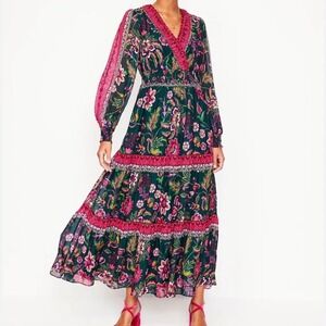 Boden Floral Tiered Maxi Dress in Navy and Magenta
